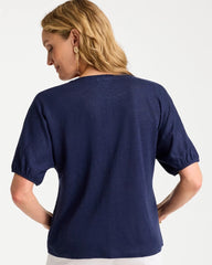 Chico's Sale Passport Blue Linen Ruched V-Neck Tee