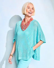 Chico's Outlet Bondi Blue Lurex Open-Stitch Sweater Poncho