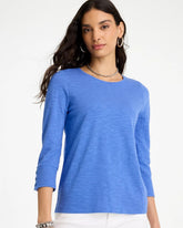 Chico's For Sale Amparo Blue Cotton Slub 3/4 Sleeve Button Tee