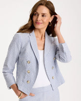 Chico's Outlet Blue Seersucker Striped Cropped Blazer