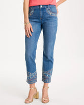 Chico's Discount Freya Indigo Girlfriend Slim Embellished Crop Jeans