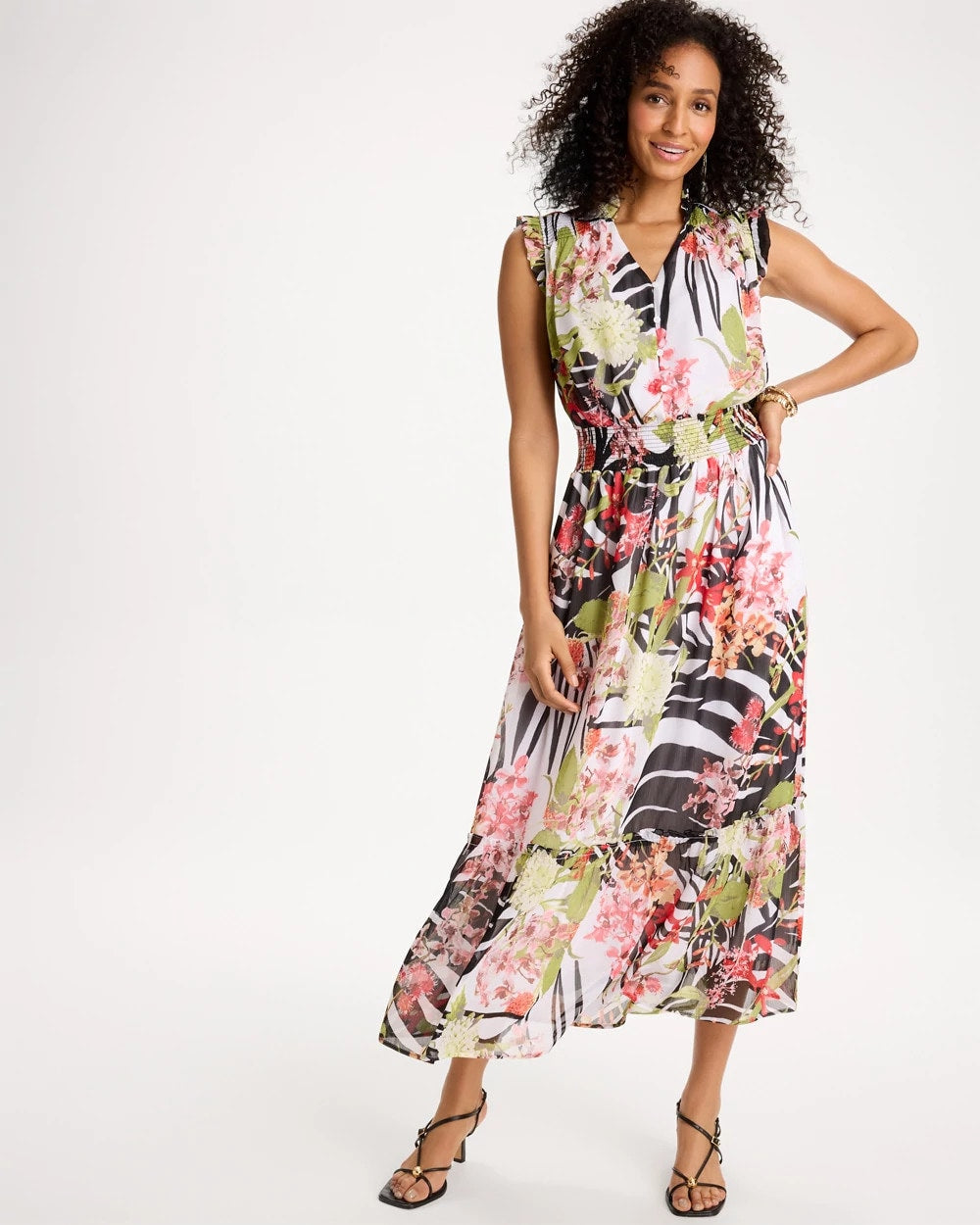 Chico's Discount Black Crinkle Chiffon Animal Print Dress