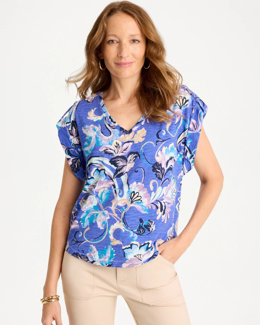Chico's Sale Amparo Blue Paisley Cotton Slub Epaulette Tee