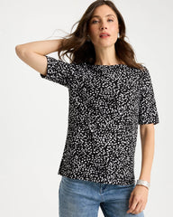Chico's On Sale Black Printed Pima Elbow Sleeve Tee