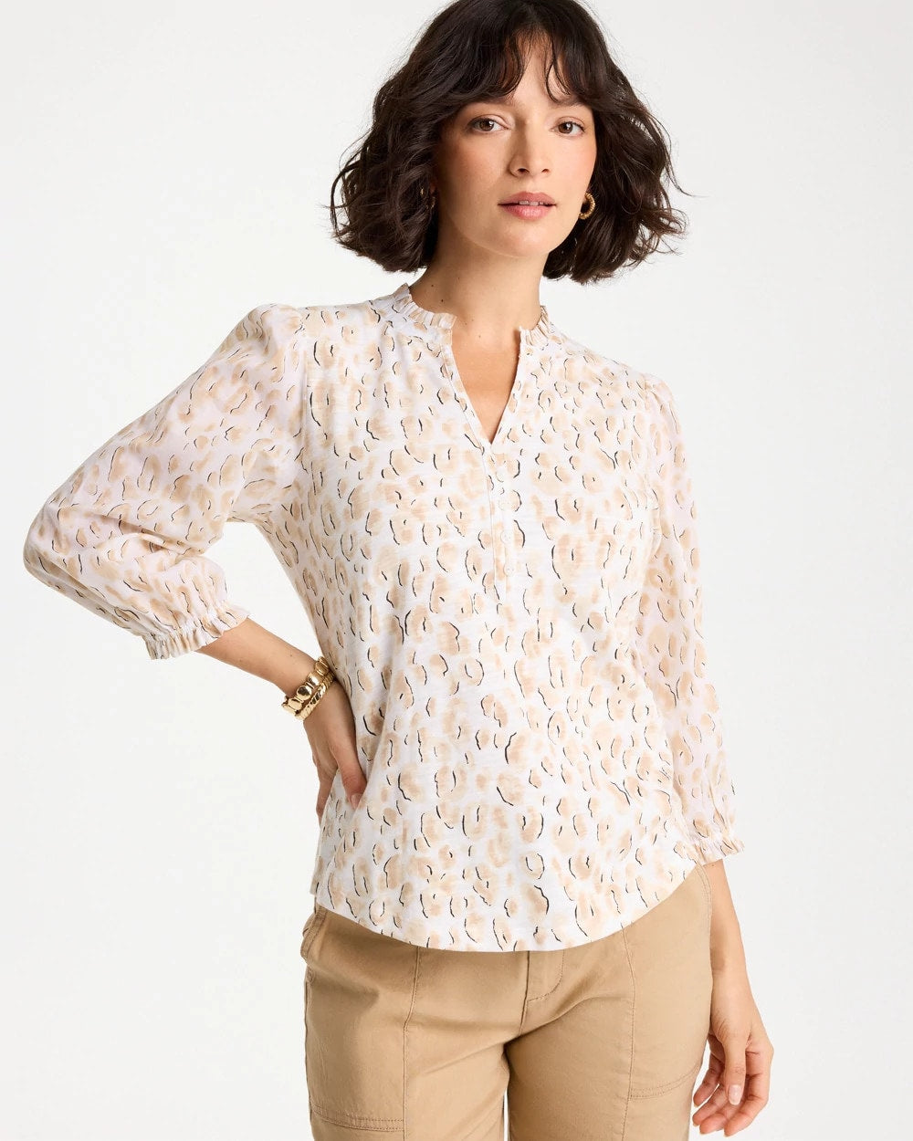 Chico's Discount Mocha Mousse Animal Print Ruffled V-Neck Top