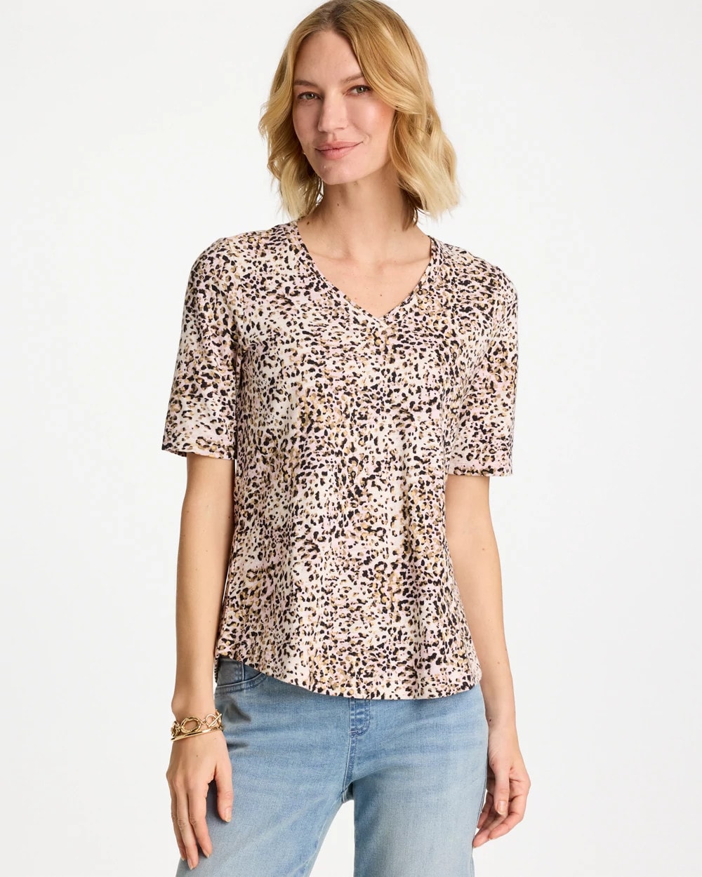 Chico's Discount Cattail Brown Printed Cotton Slub V-Neck Tee