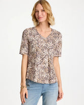 Chico's Discount Cattail Brown Printed Cotton Slub V-Neck Tee