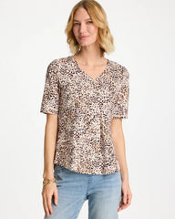 Chico's Discount Cattail Brown Printed Cotton Slub V-Neck Tee