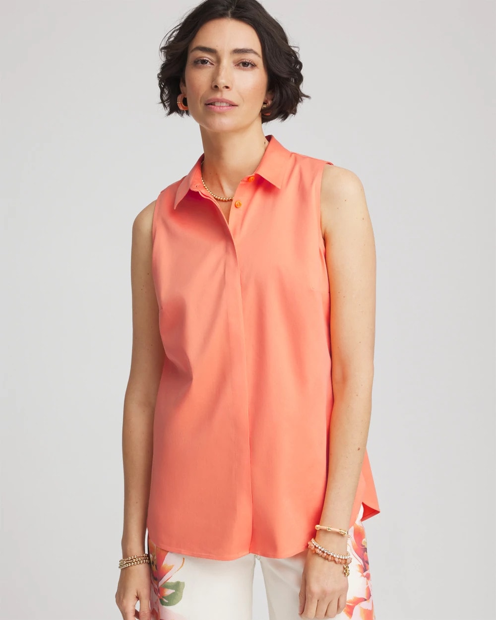 Chico's Online Sunset Peach No Iron™ Sleeveless Sateen-Stretch Shirt