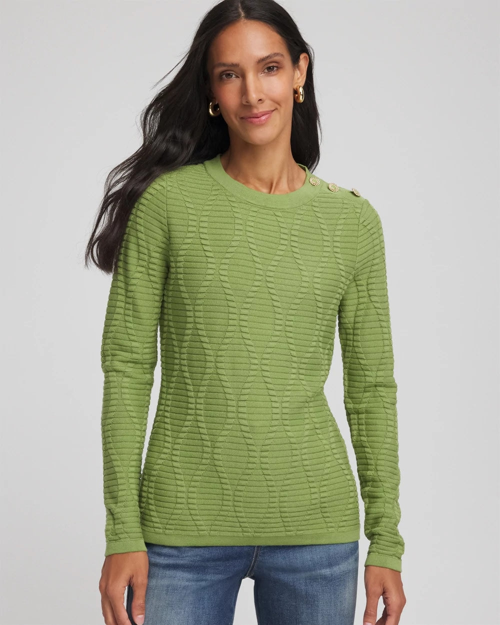 Chico's Sale Green Fig Button Shoulder Crewneck Pullover