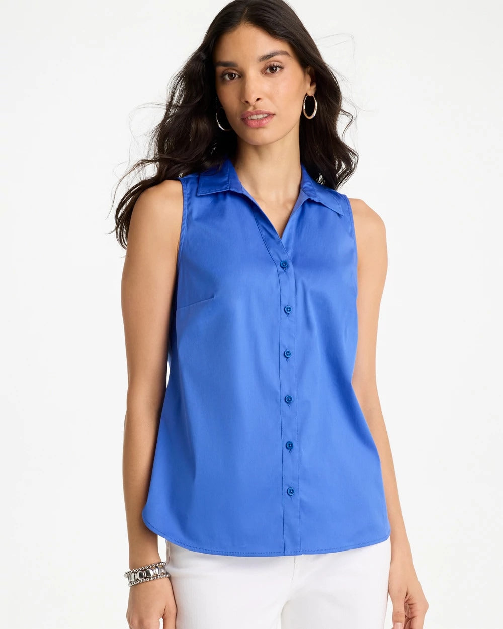Chico's For Sale Amparo Blue Cotton-Blend Classic Sleeveless Shirt