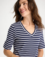 Chico's Discount Passport Blue Pima Striped Elbow Sleeve Tee