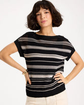 Chico's Discount Black Striped Mesh Stitch Pullover Sweater