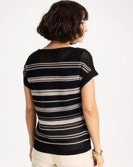 Chico's Discount Black Striped Mesh Stitch Pullover Sweater