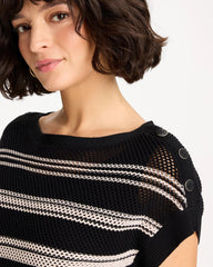 Chico's Discount Black Striped Mesh Stitch Pullover Sweater