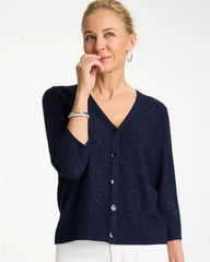 Chico's Sale Passport Blue Stitchy Sequin V-Neck Cardigan