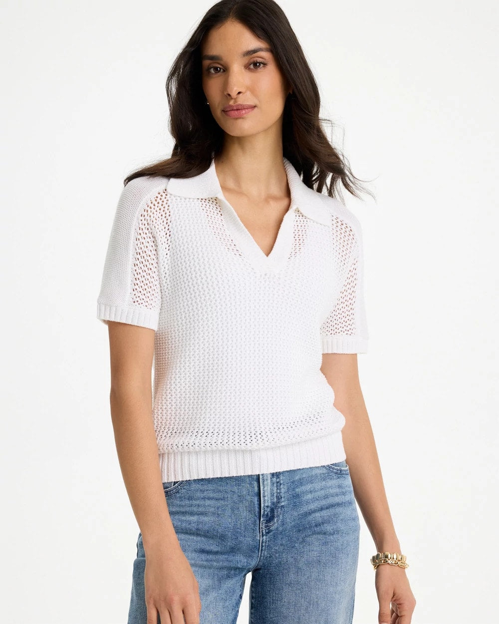 Chico's For Sale Alabaster Sequin Pointelle Pullover Polo Sweater
