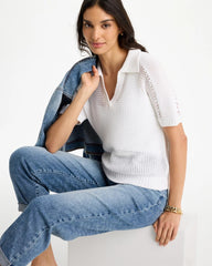 Chico's For Sale Alabaster Sequin Pointelle Pullover Polo Sweater