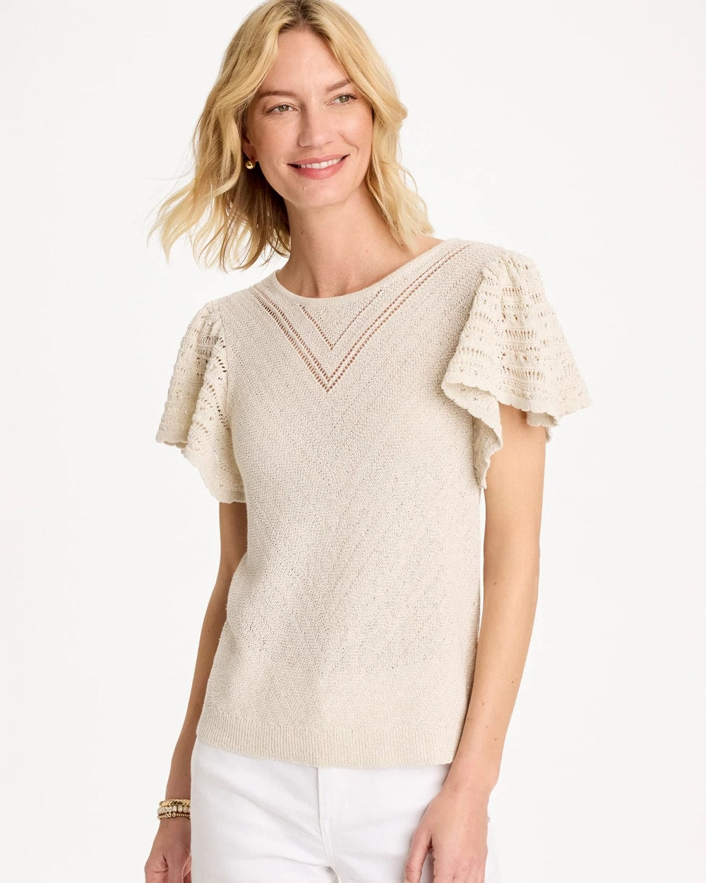 Chico's Outlet Cream Pointelle Metallic Flutter-Sleeve Pullover