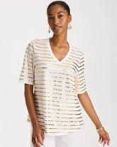 Chico's Sale Alabaster Striped Cotton Slub V-Neck Tee