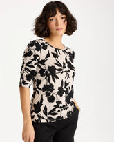 Chico's Sale Black Flora Linen Ruched Sleeve Tee