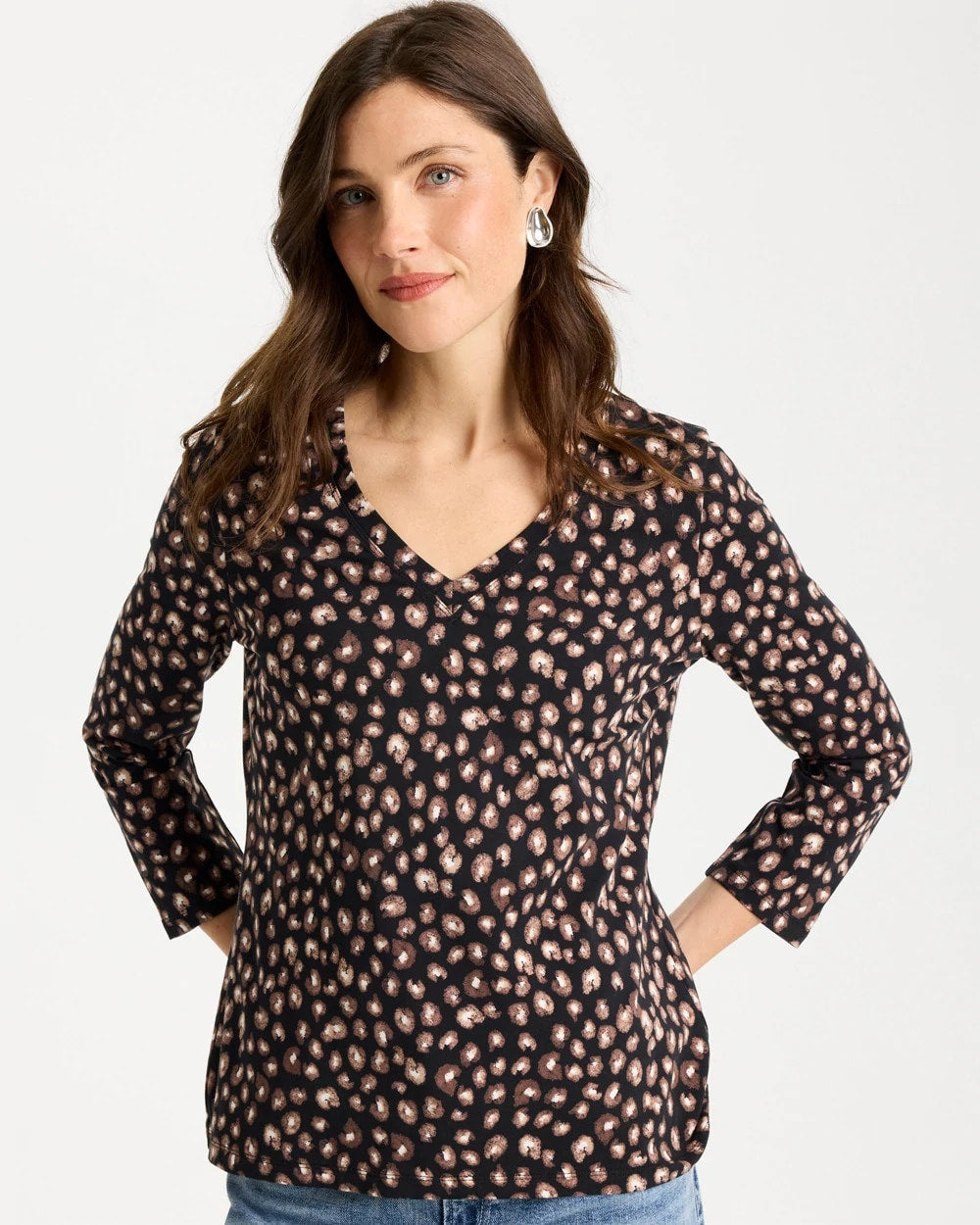 Chico's On Sale Black Cotton Stretch 3/4 Sleeve Polka Dot Tee