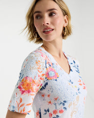 Chico's Online Calypso Coral Pima Floral Elbow Sleeve Tee
