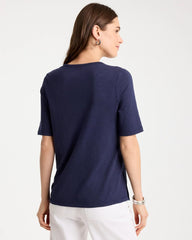 Chico's Discount Passport Blue Cotton Slub Crewneck Button Tee