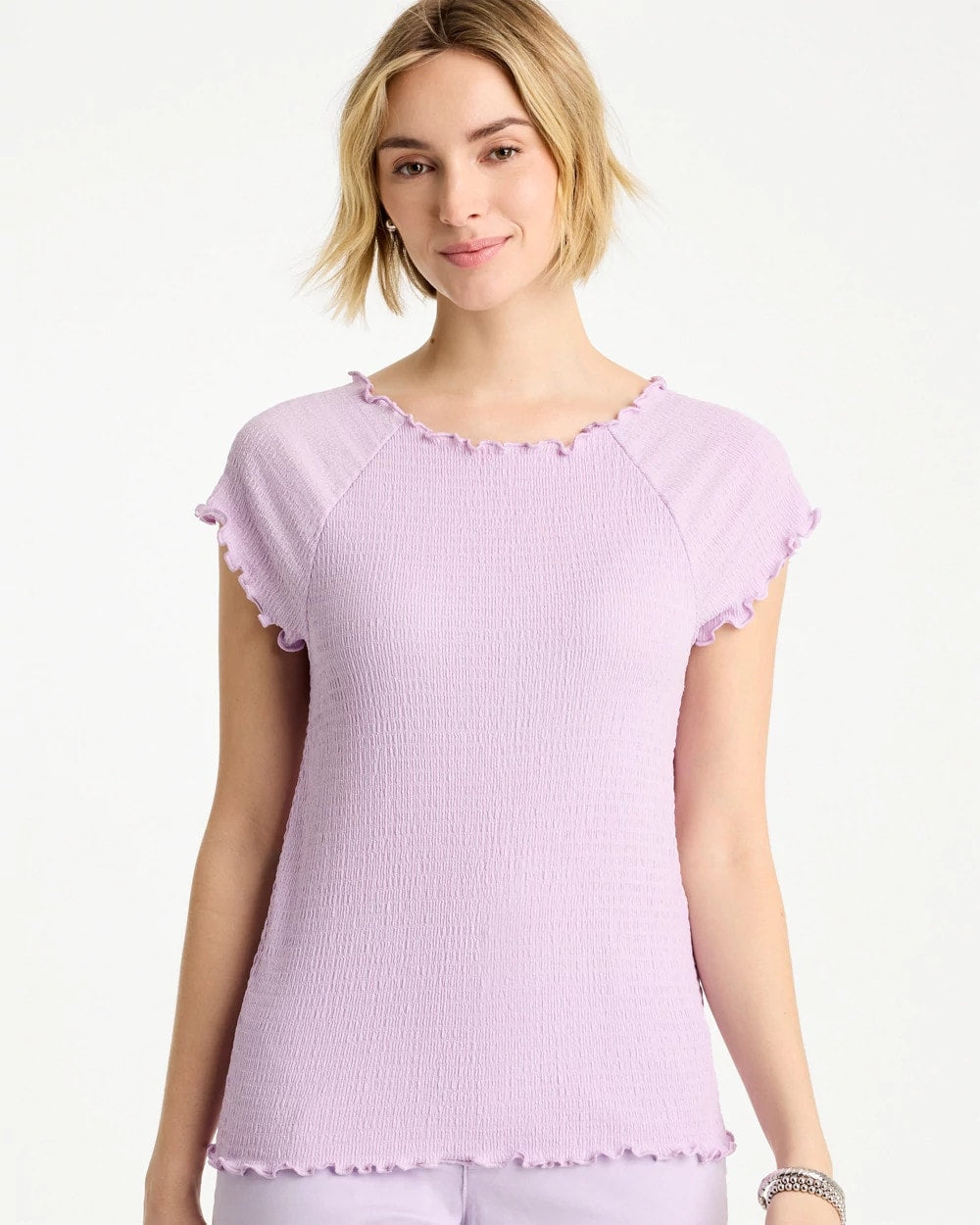 Chico's On Sale Orchid Mist Textured Knit Lettuce Raglan Tee