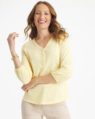 Chico's On Sale Golden Haze Puff Sleeve Cotton Slub Henley Tee
