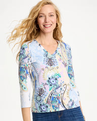 Chico's For Sale Passport Blue Patch Cotton Stretch 3/4 Sleeve Tee