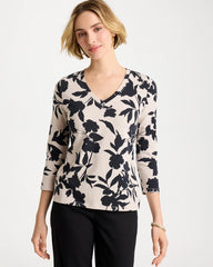 Chico's Outlet Black Cotton Stretch 3/4 Sleeve Floral Tee