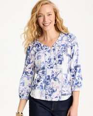 Chico's Sale Passport Blue Elle Puff Sleeve Cotton Slub Henley Tee