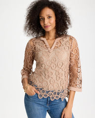 Chico's For Sale Mocha Mousse Mixed-Media Medallion Lace Top