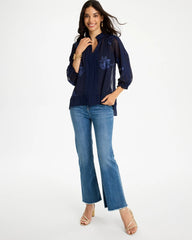 Chico's Outlet Passport Blue Embellished Splitneck Blouse
