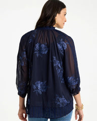 Chico's Outlet Passport Blue Embellished Splitneck Blouse