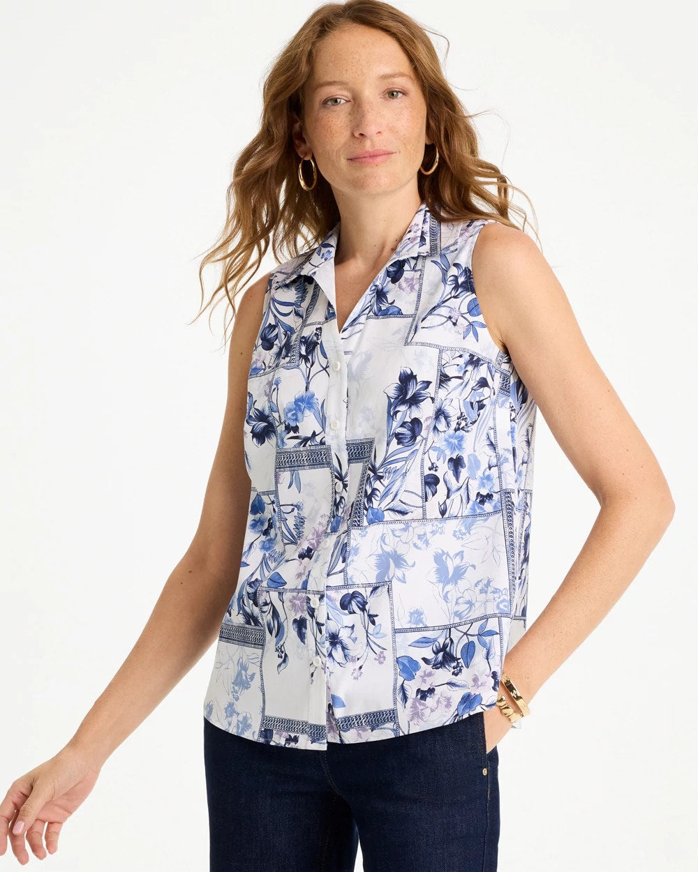 Chico's On Sale Amparo Blue Cotton-Blend Classic Printed Sleeveless Shirt