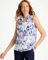 Chico's On Sale Amparo Blue Cotton-Blend Classic Printed Sleeveless Shirt