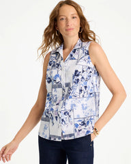 Chico's On Sale Amparo Blue Cotton-Blend Classic Printed Sleeveless Shirt