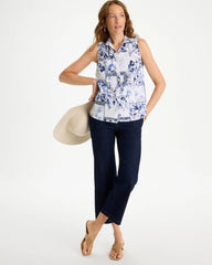Chico's On Sale Amparo Blue Cotton-Blend Classic Printed Sleeveless Shirt
