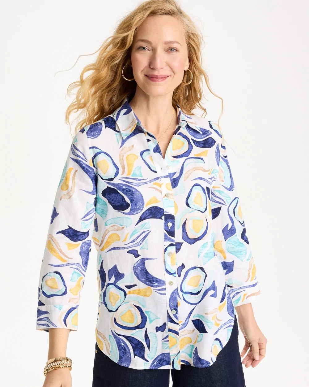 Chico's For Sale Passport Blue No Iron™ Linen Handpainted Print Shirt