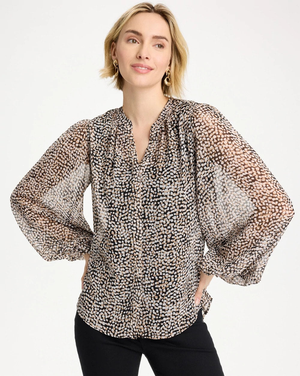 Chico's For Sale Black Georgette Printed Squares Blouse