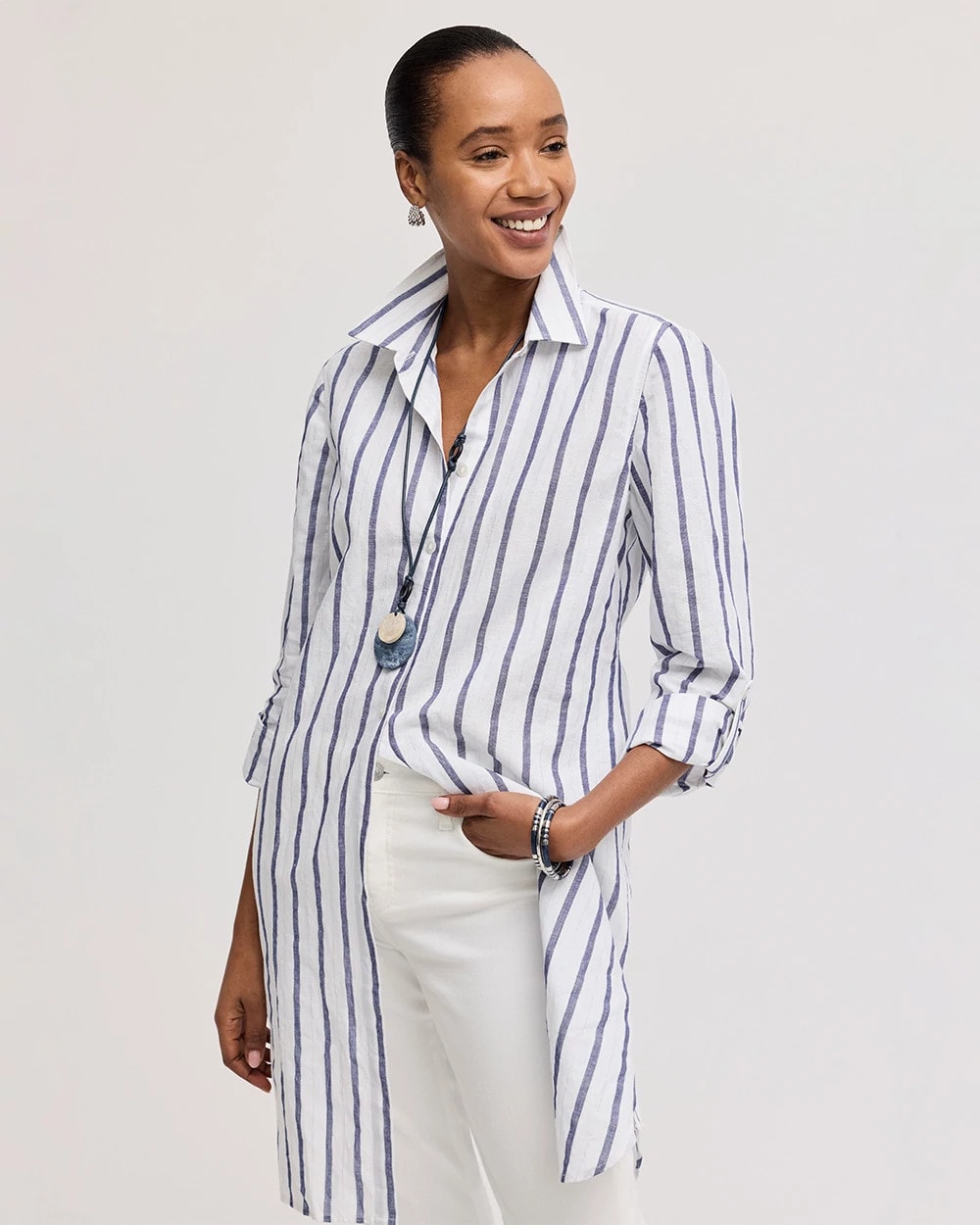 Chico's On Sale Alabaster Linen Metallic Striped Duster Shirt