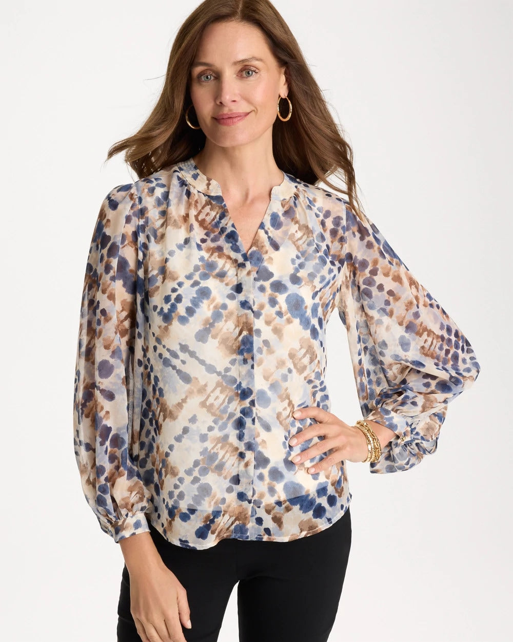 Chico's Discount Passport Blue Georgette Printed Blouse