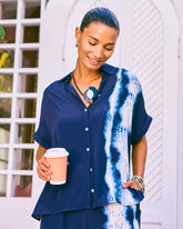 Chico's Sale Passport Blue Faux Silk Henley Colorblock Top