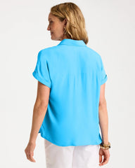Chico's On Sale Blue Tide Faux Silk Henley Top