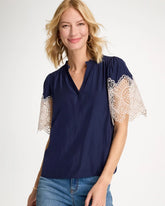 Chico's Discount Passport Blue Sea Island Crochet Lace Blouse