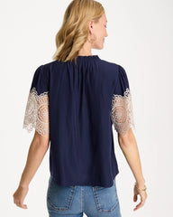Chico's Discount Passport Blue Sea Island Crochet Lace Blouse