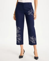 Chico's Discount Passport Blue Embroidered Linen Fly Front Pants