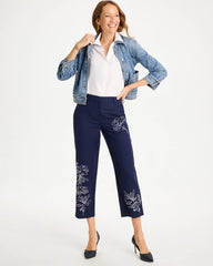 Chico's Discount Passport Blue Embroidered Linen Fly Front Pants